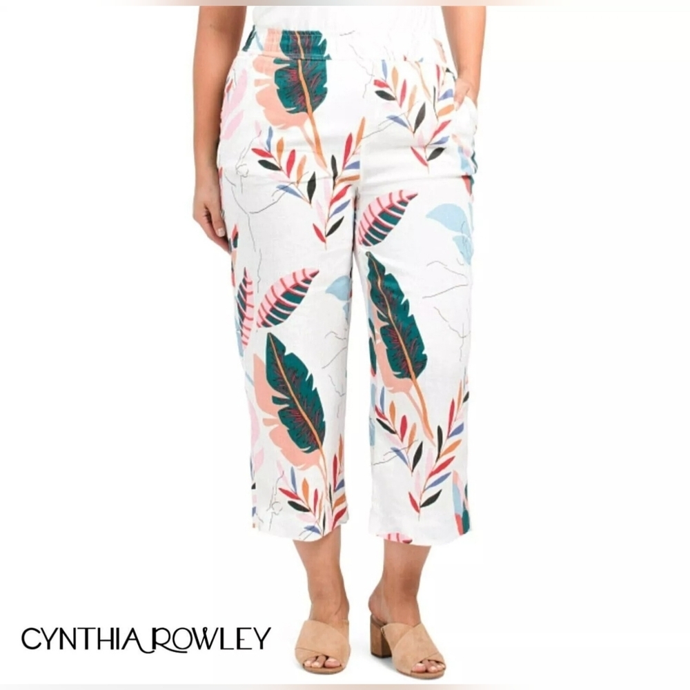 Cynthia Rowley 100% Lienen Tropical Print Wide-Leg Crop Pant